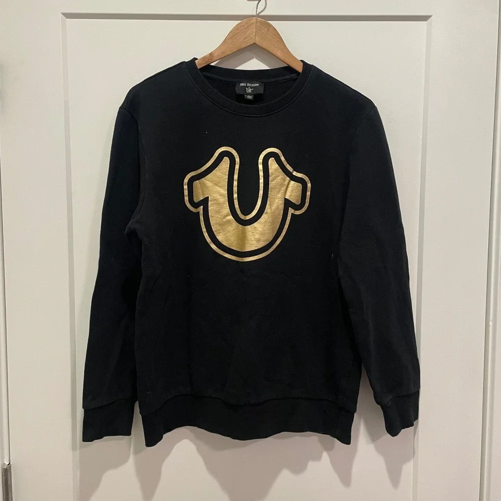 True Religion Men Buddha Logo Sweatshirt Black Gold Graphic Crewneck Size Medium
